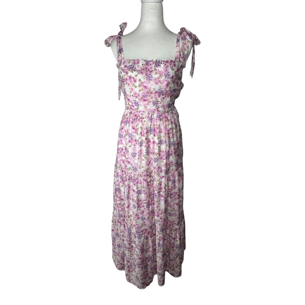 Altar'd State Floral Tie Shoulder Tiered Maxi Dress Purple Pink Size Large